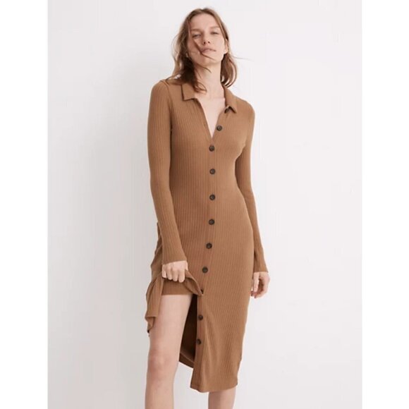 💕MADEWELL💕 Long Sleeve Button-Front Midi Shirtdress ~ Kraft Brown XXS NWT - Picture 3 of 16